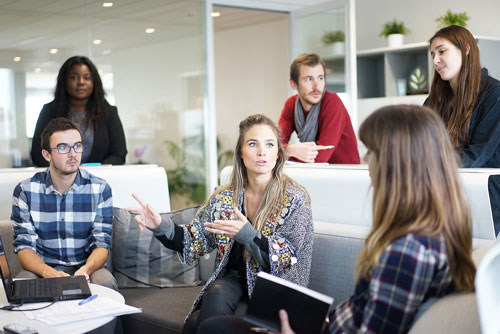 team having active group discussion